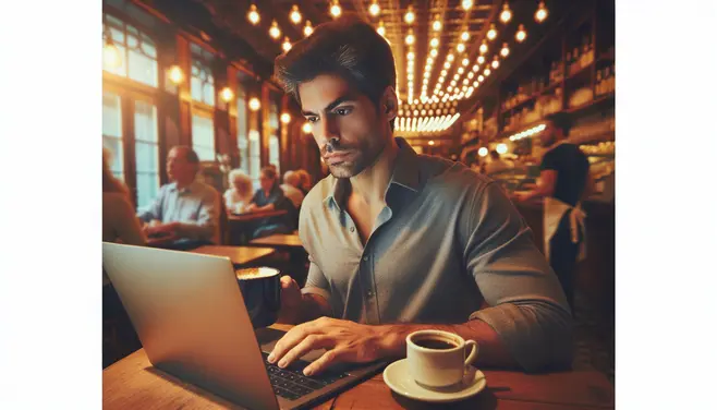 A life-like small business owner 30 years old researching competitors at a café.