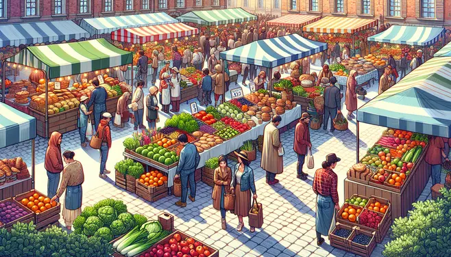 A busy farmer's market with various stalls.