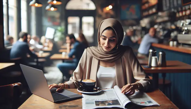 A small business owner researching competitors at a café.